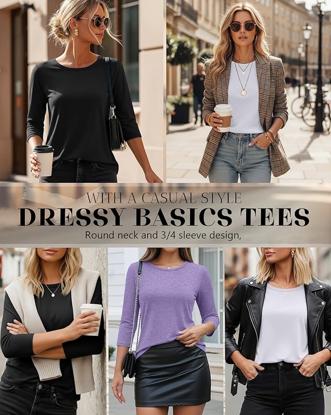 Ficerd 3 Pack 3/4 Sleeve Tops for Women Round Neck Dressy Basics Tees Casual Trendy Loose Fit T Shirts