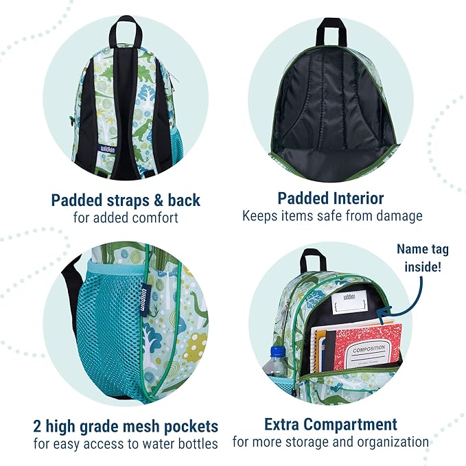 Wildkin 15-inch Kids Backpack – Durable, Padded, Adjustable for School & Travel - Dinomite Dinosaurs
