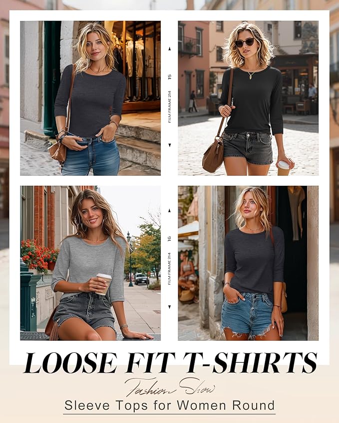 Ficerd 3 Pack 3/4 Sleeve Tops for Women Round Neck Dressy Basics Tees Casual Trendy Loose Fit T Shirts