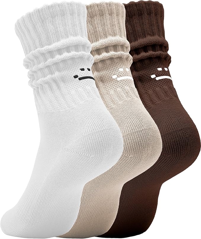AugRing Women's Cute Scrunch Slouch Crew Socks 3Pack Retro Kawaii Chunky Ribbed Cotton Boot Sneaker Cozy Calf Socks Size 5–11