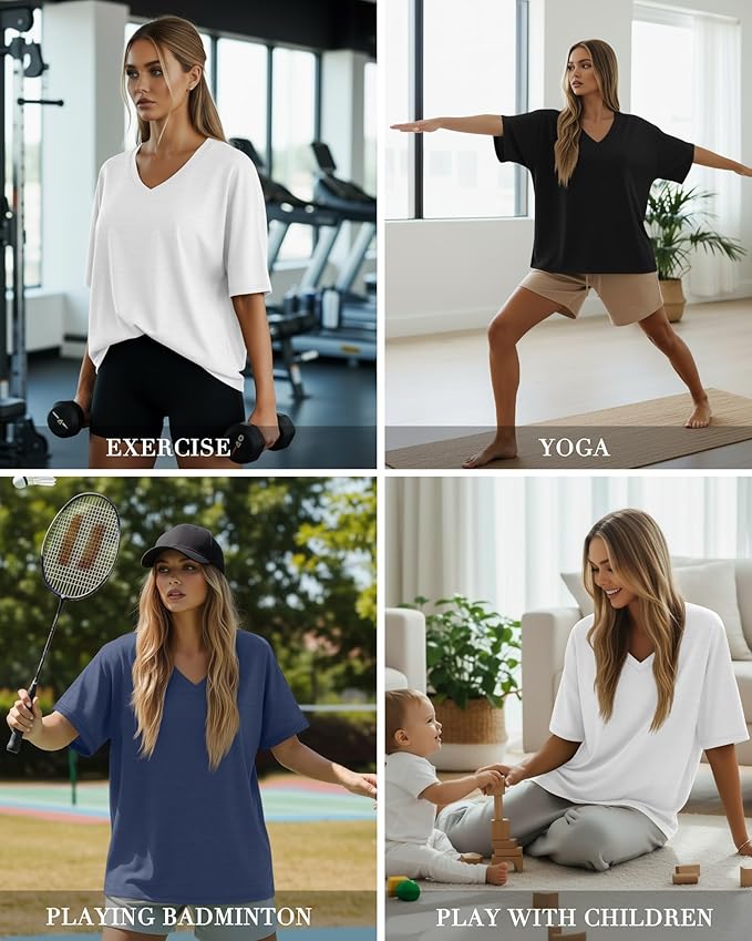 Huukeay Women's Cotton Oversized T Shirts 3 Pack V Neck Loose Fit Half Sleeve Tops Baggy Casual Summer Gym Workout Tees 2026