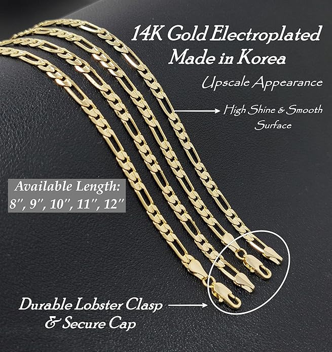 BA UNIQUE FASHION Gold Electroplated Anklet for Women, 9-12 Inch Sizes, Figaro, Cuban, Mariner, Herringbone Design - Made in Korea