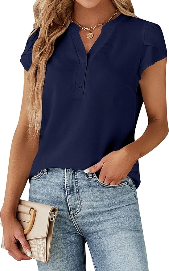 Blooming Jelly Women's Dressy Casual Tops Business Work Blouses White Button Down Shirts Cap Sleeve V Neck Tshirt
