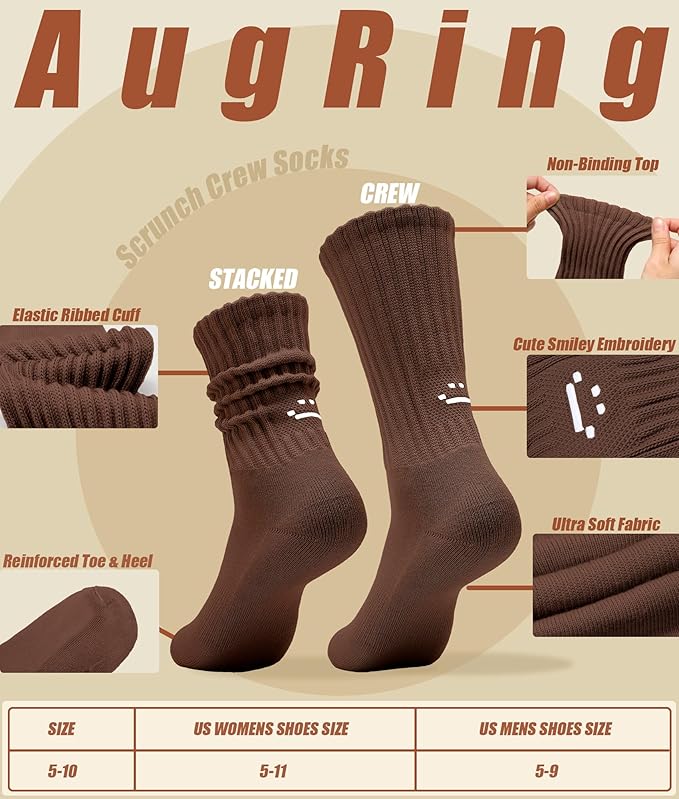 AugRing Women's Cute Scrunch Slouch Crew Socks 3Pack Retro Kawaii Chunky Ribbed Cotton Boot Sneaker Cozy Calf Socks Size 5–11