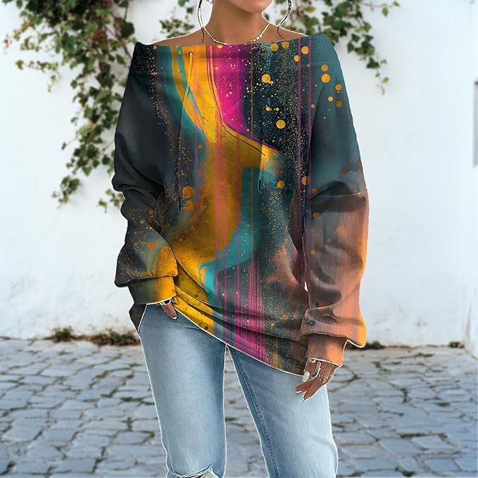 Womens Sweatshirts Floral Print Sexy Off The Shoulder T Shirts Oversized Long Sleeve Pullover Fall Tops