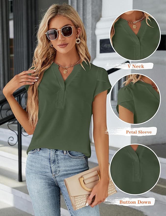 Blooming Jelly Women's Dressy Casual Tops Business Work Blouses White Button Down Shirts Cap Sleeve V Neck Tshirt