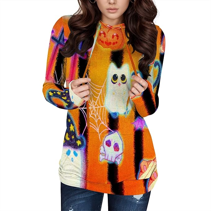domirica Halloween Sweatshirts For Women Long Sleeve Spooky Graphic Sweatshirts Pumpkin Pullover Halloween Party Club Wear