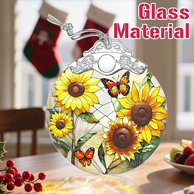 Stained Glass Ornament, Christmas Ornament, Hanging Ornaments for Home Decor & Christmas Tree Ornaments – Exquisite Holiday Decor, Xmas Gifts & Holiday Present - Sunflower & Butterfly