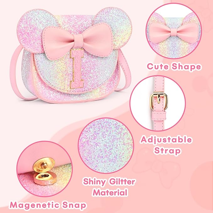 mibasies Toddler Purse Girl Gifts: Girls Birthday Gifts for 3-8 - Toys for Ages 2-4 Girls Mouse Ears Purse, Glitter Rainbow, Letter I