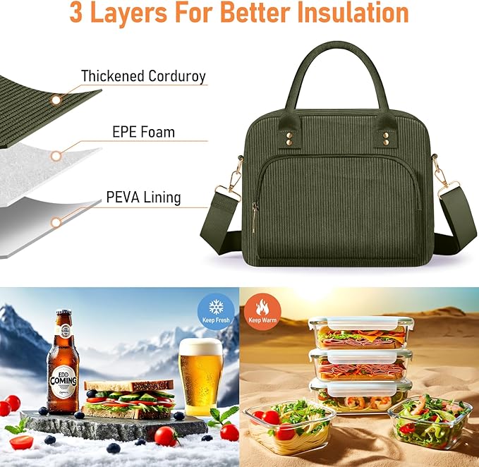 Lunch Bag Large Insulated Lunch Box for Women Men Adult Cute Green Lunchbox Corduroy Lunch Bags Boxes Pail with Adjustable Shoulder Strap for Work Mom Picnic Office Travel 11.4×6.8×9.1 inches 11.5L