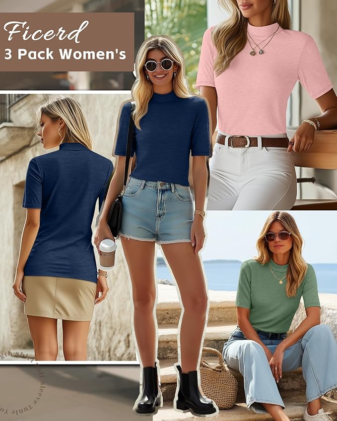 Ficerd 3 Pack Women's 1/2 Sleeve Mock Turtleneck Shirts, Elbow Length Shirt Half Sleeve Tunic Top Casual Summer Basic Tees