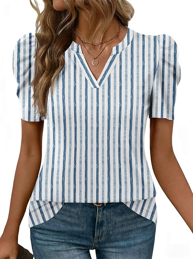 Lomon Spring Summer Tops for Women 2026 V Neck Puff Short Sleeve Tops Fashion Trendy Work Blouses Dressy Casual S-XXL
