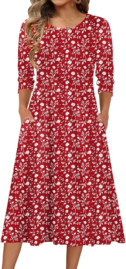 Zeagoo 3/4 Sleeve Women's Dress Casual Flowy A-Line Midi Tshirt Dresses with Pockets Crewneck Vocation Boho Beach Sundress