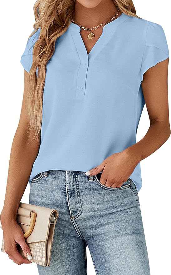 Blooming Jelly Women's Dressy Casual Tops Business Work Blouses White Button Down Shirts Cap Sleeve V Neck Tshirt