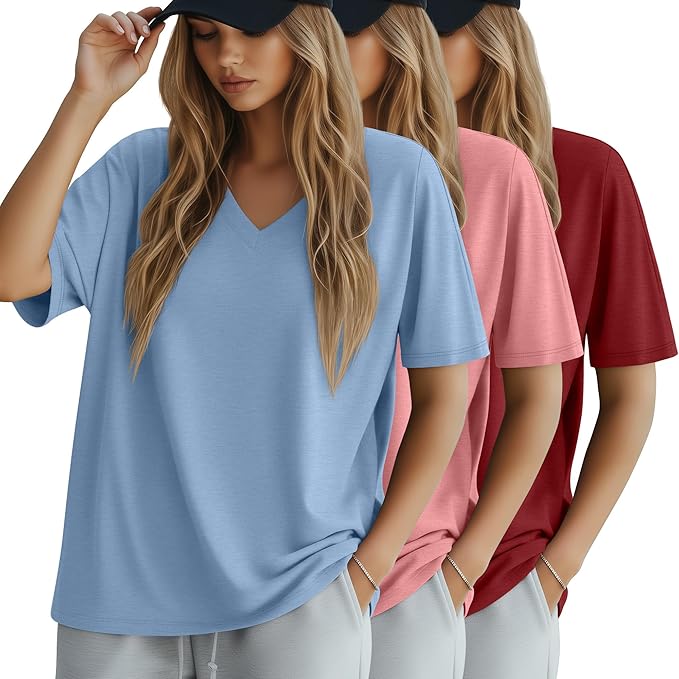 Huukeay Women's Cotton Oversized T Shirts 3 Pack V Neck Loose Fit Half Sleeve Tops Baggy Casual Summer Gym Workout Tees 2026