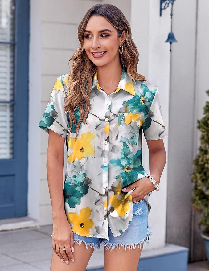 Zeagoo Womens Button Down Shirt Bust Pocket Short Sleeve Blouses Business Casual Work Tops Summer Outfits