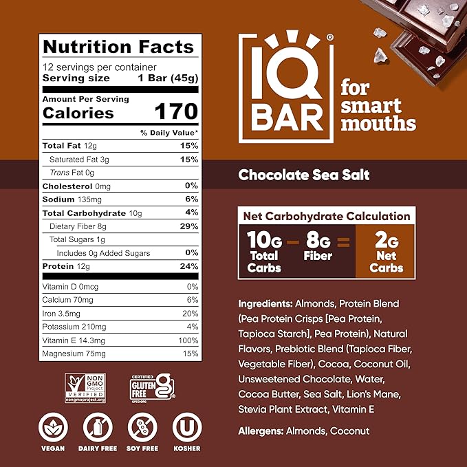 IQBAR Brain and Body Plant Protein Bars - Chocolate Sea Salt - 12-Count - Keto, Vegan, Low Carb, High Fiber, Gluten Free, Dairy Free, Low Sugar Snack with Nutrients for Focus, Energy, Meal Replacement