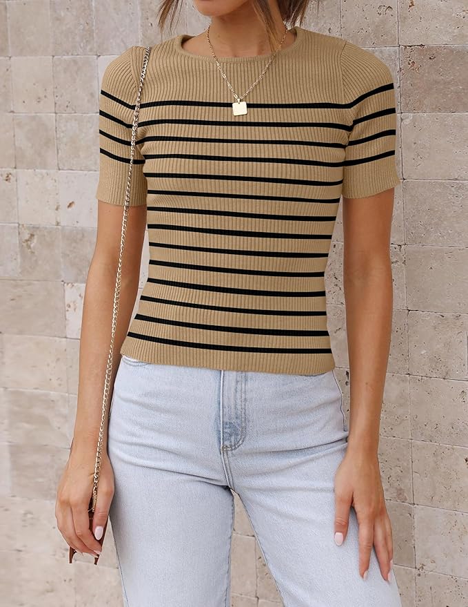 ZESICA Women's Short Sleeve Crewneck Striped T Shirt 2026 Summer Ribbed Knit Slim Fit Casual Basic Tee Tops