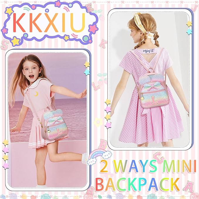 KKXIU Initial Bowknot Mini Backpacks for Girls Women, Small Cute Backpack Purse, Personalized Valentines Day Gifts for Toddler, Kids and Teen Girls(L, Rainbow)