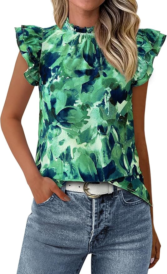 PRETTYGARDEN Women's Ruffle Short Sleeve Summer Tops 2026 Trendy Floral Trim Neck Casual Dressy Chiffon Boho Blouses Shirts