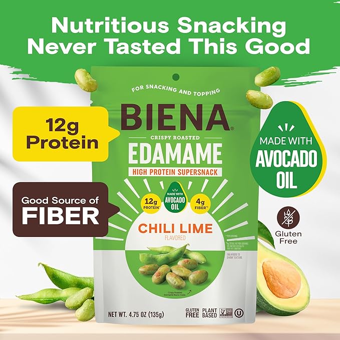 Biena Crispy Roasted Edamame Beans Snack – High Protein Snack for Adults & Kids, 12g-13g Protein per Serving - Made with Avocado Oil – Vegan, Low Carb, Gluten-Free – 3-Pack 4.75oz, Chili Lime