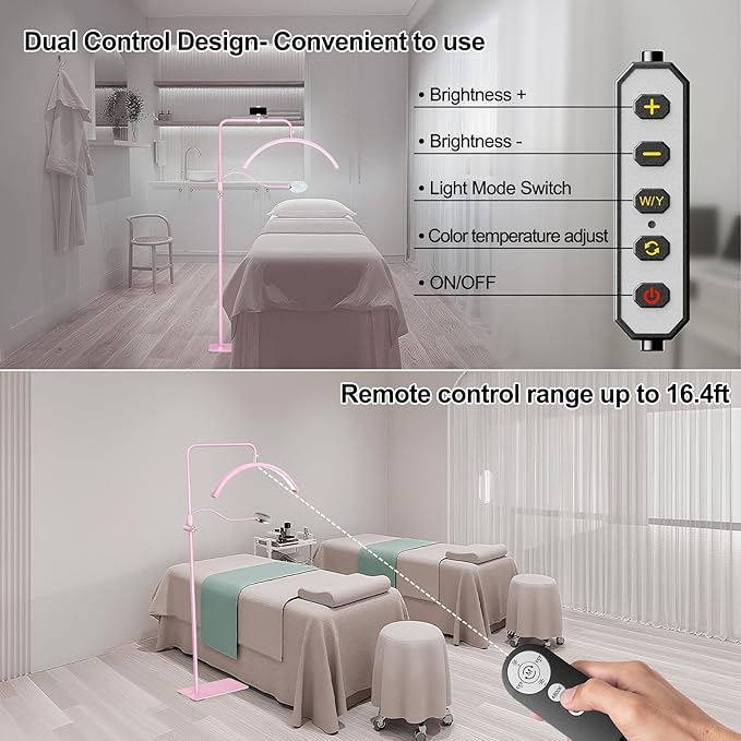 Half Moon Lash Light - Adjustable LED Floor Lash Lamp with 4X Magnifier & Phone Holder for Eyelash Extensions,Nail Art,Tattoo,Skincare,Salon SPA-Dimmable Brightness,Rotating Head, Pink