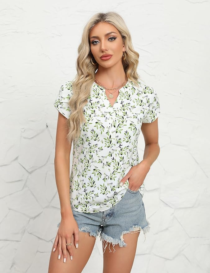 Blooming Jelly Women's Dressy Casual Tops Business Work Blouses White Button Down Shirts Cap Sleeve V Neck Tshirt