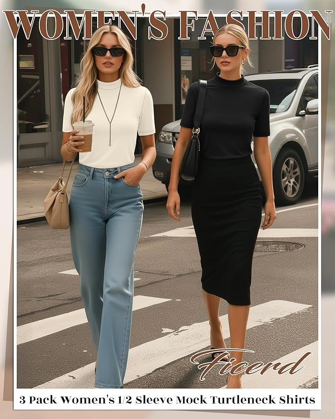 Ficerd 3 Pack Women's 1/2 Sleeve Mock Turtleneck Shirts, Elbow Length Shirt Half Sleeve Tunic Top Casual Summer Basic Tees