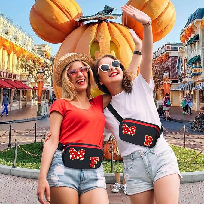 Chenille Initial Letter Bow Mouse Fanny Pack, Waterproof Park Crossbody Bag Christmas Birthday Gifts for Teen Girls Daughter Women Kids Adults, Cute Belt Bag Must Haves for Park Travel (F, Black)
