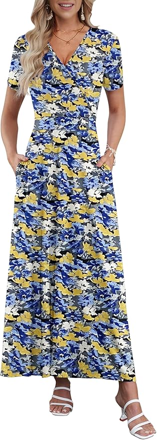 AUSELILY Maxi Dresses for Women Ankle Length Floral Print Beach Long Flowy Dress with Pockets