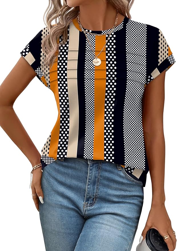 WEESO Womens Summer Tops Trendy 2026 Cap Sleeve T Shirts Crew Neck Pleated Front Beach Vacation Clothes Fashion