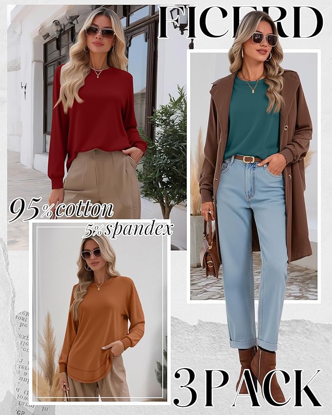 Ficerd 3 Pack Women's Long Sleeve Shirts, Cotton Crew Neck Tunic Tops Casual Loose Fit Pullover Sweatshirts Curved Hem Shirts