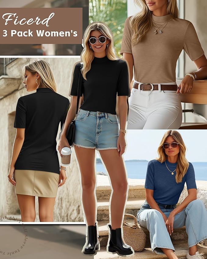 Ficerd 3 Pack Women's 1/2 Sleeve Mock Turtleneck Shirts, Elbow Length Shirt Half Sleeve Tunic Top Casual Summer Basic Tees
