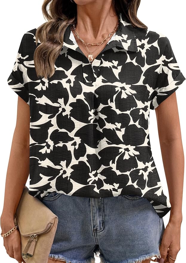 LOMON Women Blouses Spring Summer Tops for Women 2026 Short Sleeve V Neck Dressy Casual Collared Shirts Work Office