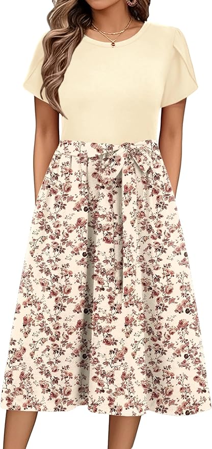 Zeagoo Womens Midi Dress Summer Short Sleeve Dress with Pockets 2025 Casual Floral T-Shirt Dress Flowy Beach Sundress