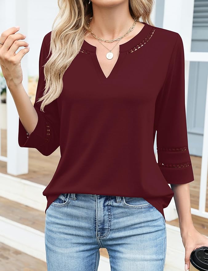 Ivicoer 3/4 Length Sleeve Womens Tops V Neck Lace Embroidered Summer Blouses Loose Fit Tunic Dressy Casual