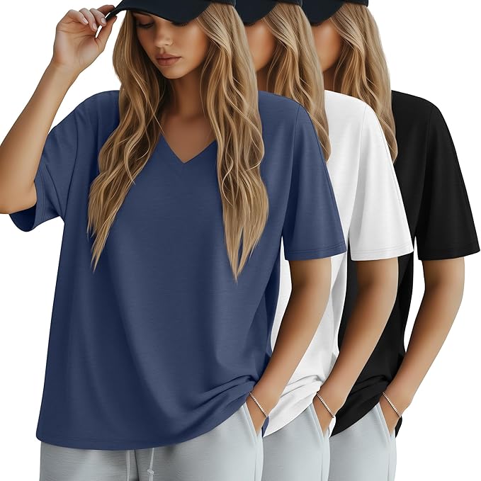 Huukeay Women's Cotton Oversized T Shirts 3 Pack V Neck Loose Fit Half Sleeve Tops Baggy Casual Summer Gym Workout Tees 2026