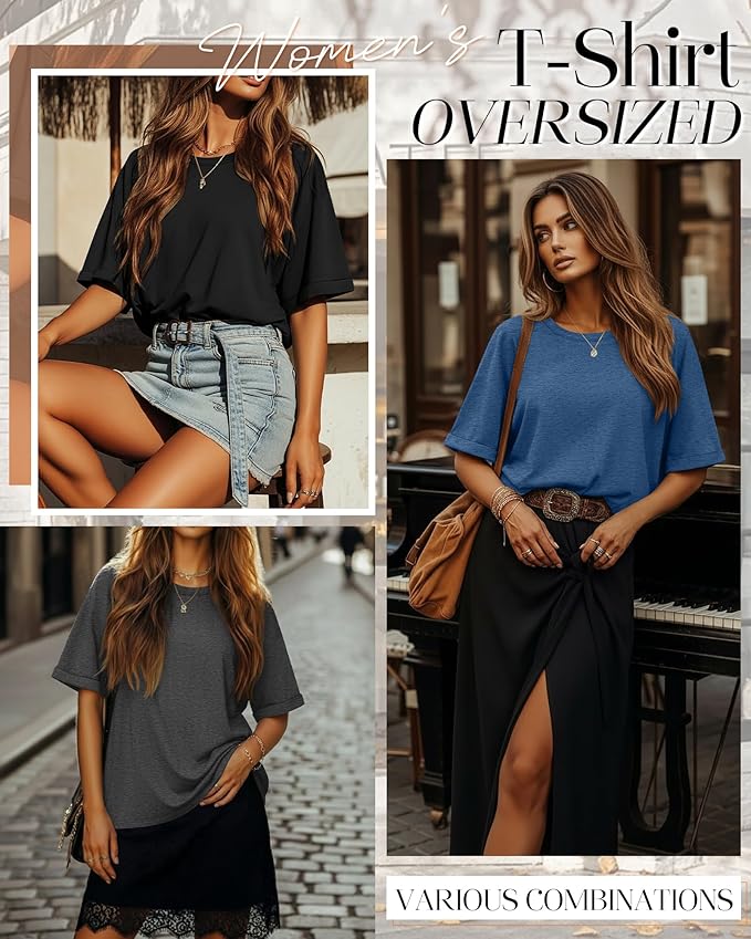 Riyiper 3 Pack Women's Oversized T-Shirt Half Sleeve Summer Tees Casual Loose Fit Crew Neck Basic Tops