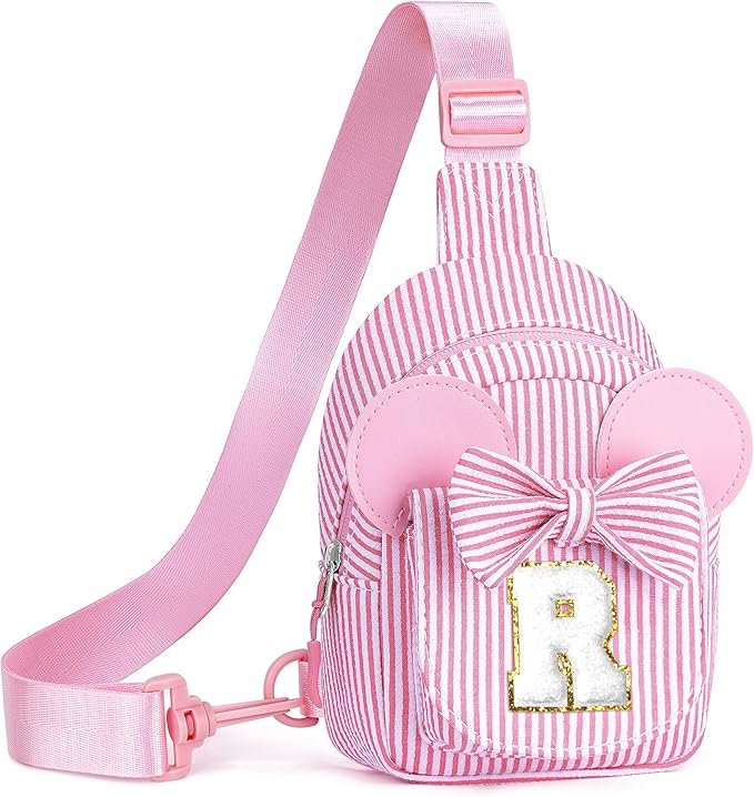 QLOVEA Pink Crossbody Bag, Gifts for Little Girl, Birthday Gifts for 2 3 4 5 6 7 Year Old Girls Gift Ideas, Birthday Gift for Girl Kids, Small Initial Belt Bag (Pink R)