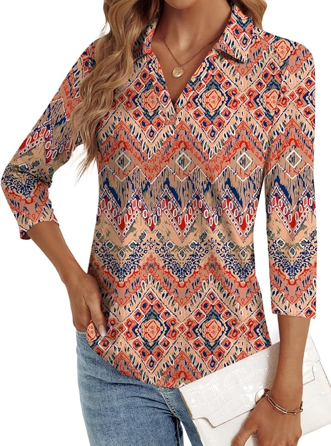 3/4 Length Sleeve Womens Tops Dressy Casual V Neck Polo Shirts Business Work Blouses 2025 Trendy Tunic Top
