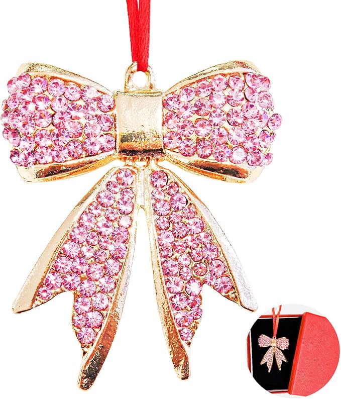 Ushinemi Bow Ornaments for Christmas Tree Hanging Ornament Xmas Tree Decor, Sparkles Pink Bow Keepsake Gifts for Mom Grandma Women Girls Sisters