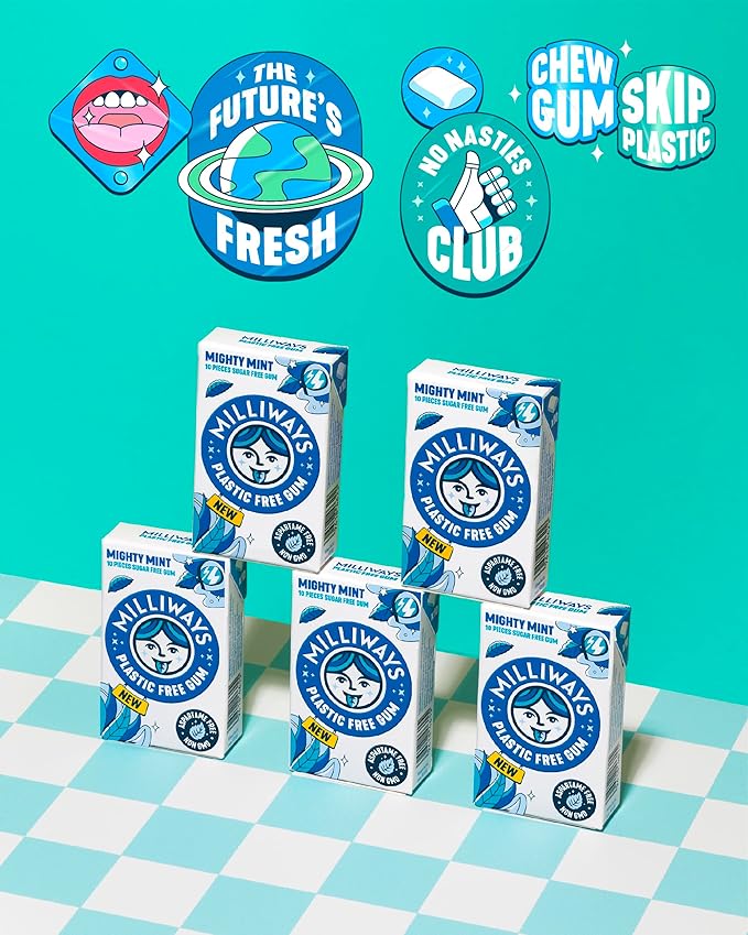 Milliways Mighty Mint | Plastic Free Gum | Xylitol, Aspartame-Free, Sugar-Free, Plant-Based, Natural Chewing Gum | 40 Pieces Total (4 Packs of 10 Pieces)