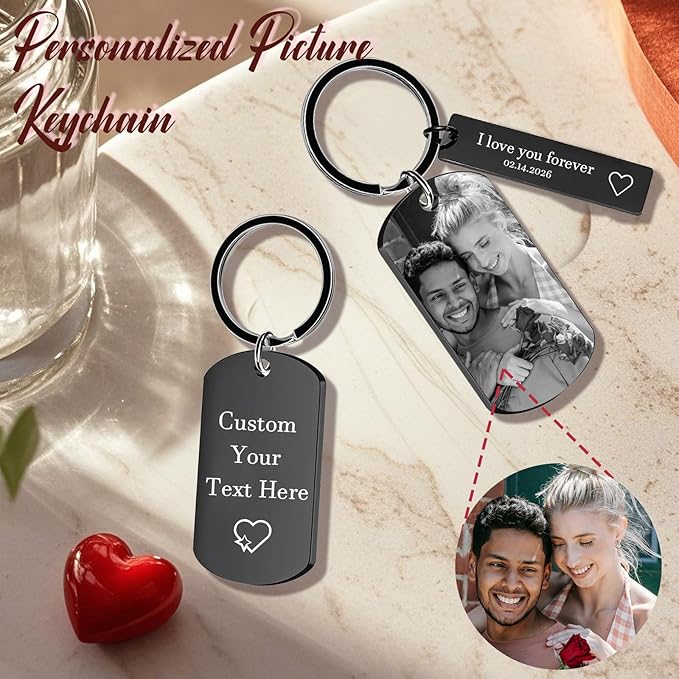RSQGT Personalized Custom Keychain with Picture - Double Sided Engraving Photo Text Customized Key Chains for Men Boyfriend