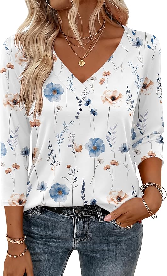 Zeagoo 3/4 Length Sleeve Womens Tops V Neck Shirt Dressy Casual Blouse Basic Tshirts 2026 Fashion Clothing S-2XL