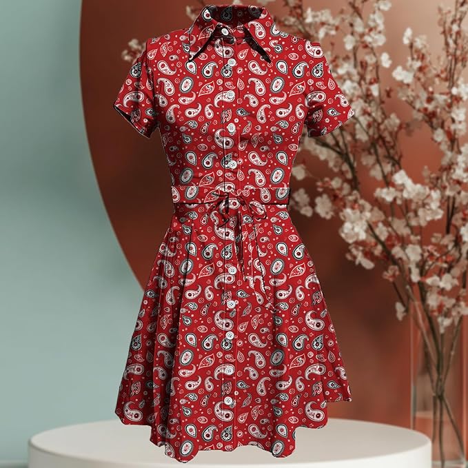 MARSVOVO Vintage Retro Shirt Dress for Women Short Sleeve Button Down Tie Waist Elegant Smocked Knee Length Dress