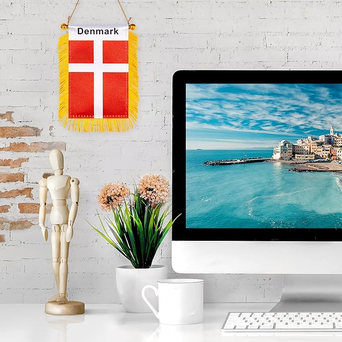 ZXvZYT 3 X 5 Inch Denmark Window Hanging Flag Danish Small Mini Car Flags Banners Rearview Mirror Decoration - with Suction Cup & Golden Fringy Banner(2 Pack)