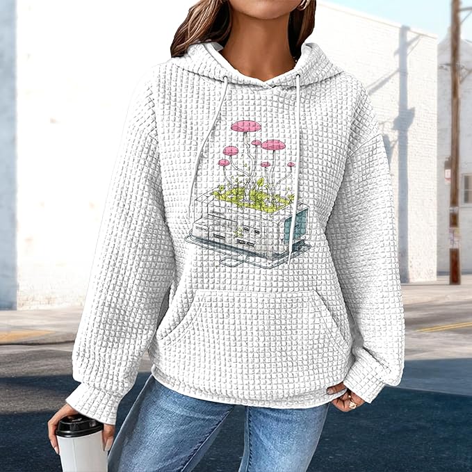 domirica Pullover Sweatshirts For Women Drawstring Long Sleeve Waffle Sweatshirt With Pocket Vintage Street Wear Qutfits