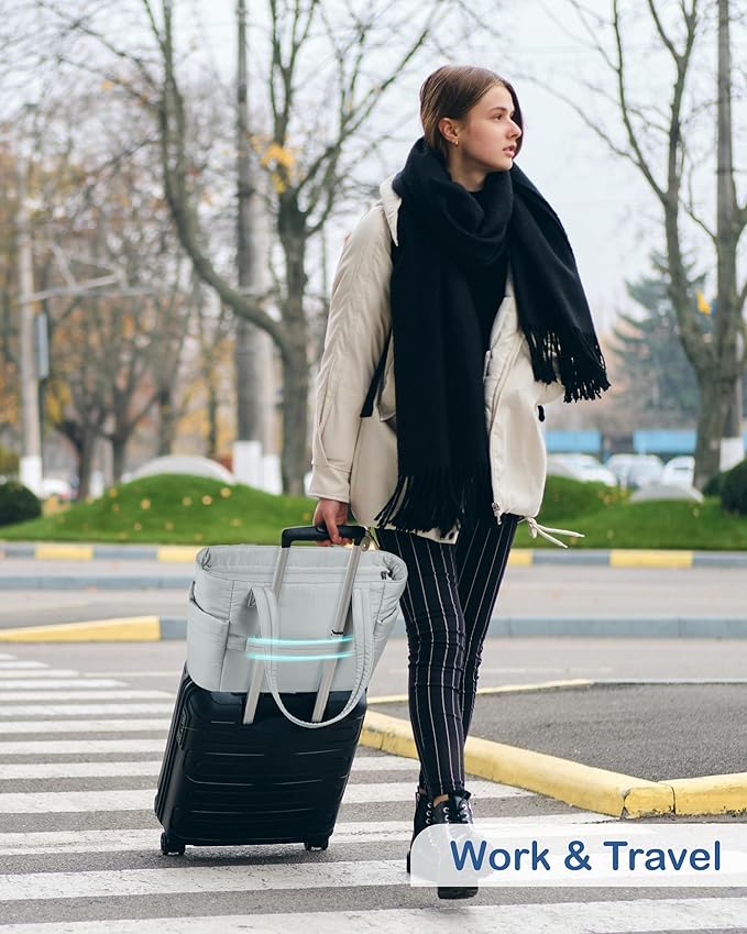 TOPDesign Puffy Tote Bag for Women with Cup Holder & Laptop Compartment & Cosmetic Bag & Trolley Sleeve for Work, Travel
