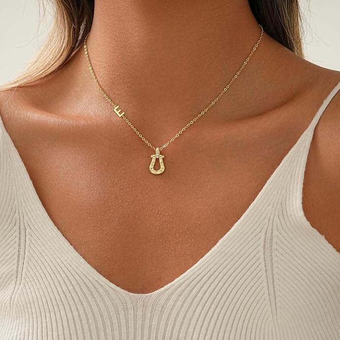 ITS4YEO Valentines Day Gifts for Women Hers, Lucky Horseshoe Initial Necklace, Dainty 14K Gold Plated Pendant Necklace, Trendy Hypoallergenic Jewelry, Gifts for Women and Teen Girls