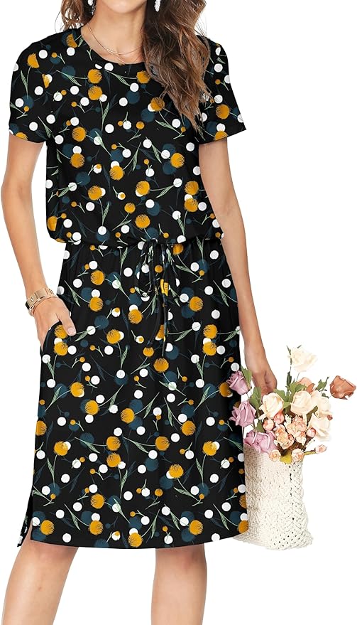 Simier Fariry Womens Spring Hide Belly Knee Length Travel Dress Pocket Summer Short Sleeve Midi Work Casual Outfits